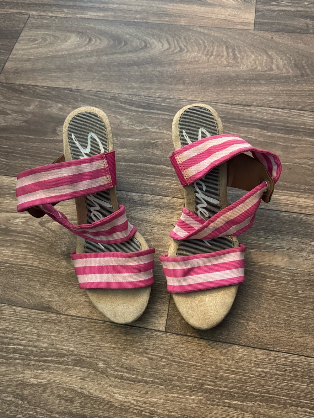 Skechers Pink and White Striped Cork Wedge Sandals with Fabric Straps - Picture 2 of 3